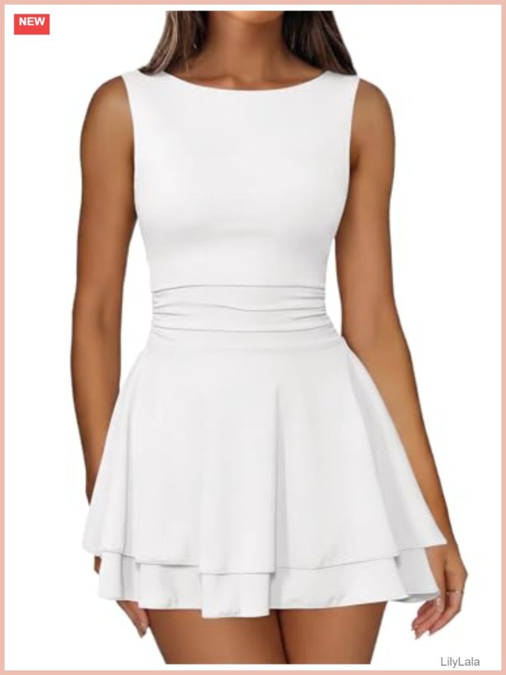 Sleeveless Boat Neck Mini Dress Tiered Ruffle Hem A-Line Party Club